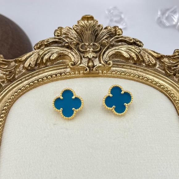 Lucky Clover Alhambra Stud Earrings – Turquoise Blue with Logo | Sterlin… - Picture 3 of 8